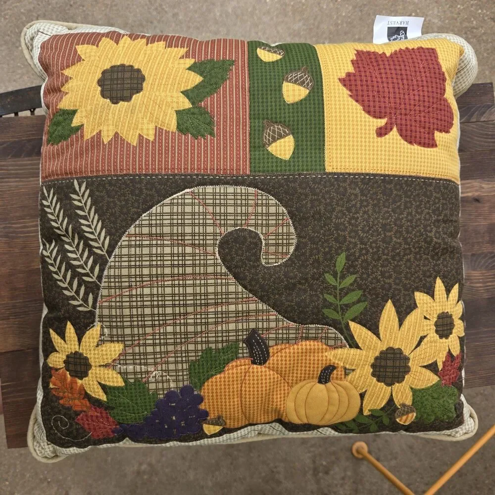Set of 2 Fall Harvest Pillows Pumpkin Turkey Sunflower Thanksgiving 17x17